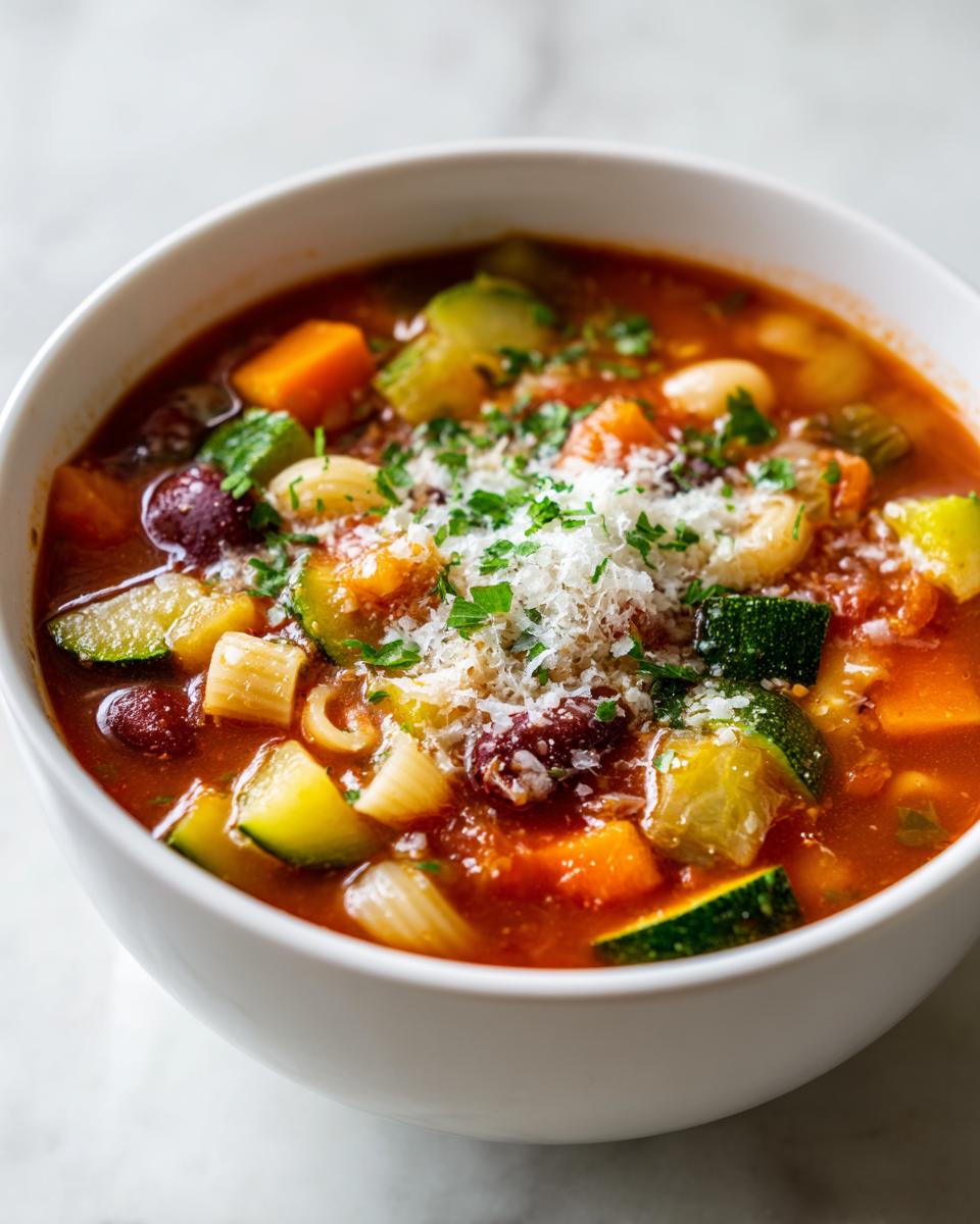 A close-up of a steaming bowl of vegetable minestrone soup, featuring zucchini, carrots, beans, pasta, topped with grated cheese and parsley.