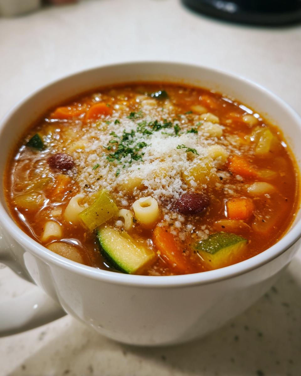 Close-up of a steaming bowl of vegetable minestrone soup topped with grated Parmesan cheese and parsley.