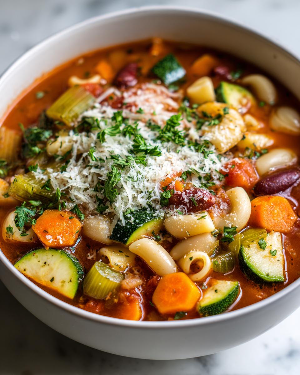 Close-up of a bowl of vegetable minestrone soup loaded with pasta, carrots, zucchini, and topped with grated Parmesan cheese.