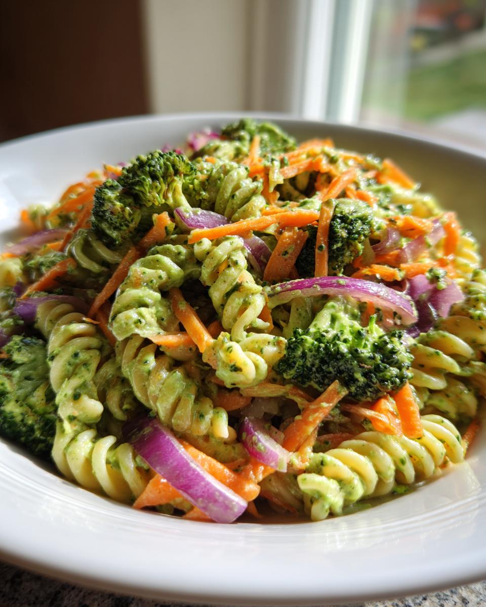 Close-up of a bowl of california pasta salad featuring rotini pasta coated in a green dressing, mixed with bright orange shredded carrots, red onion slices, and broccoli florets.