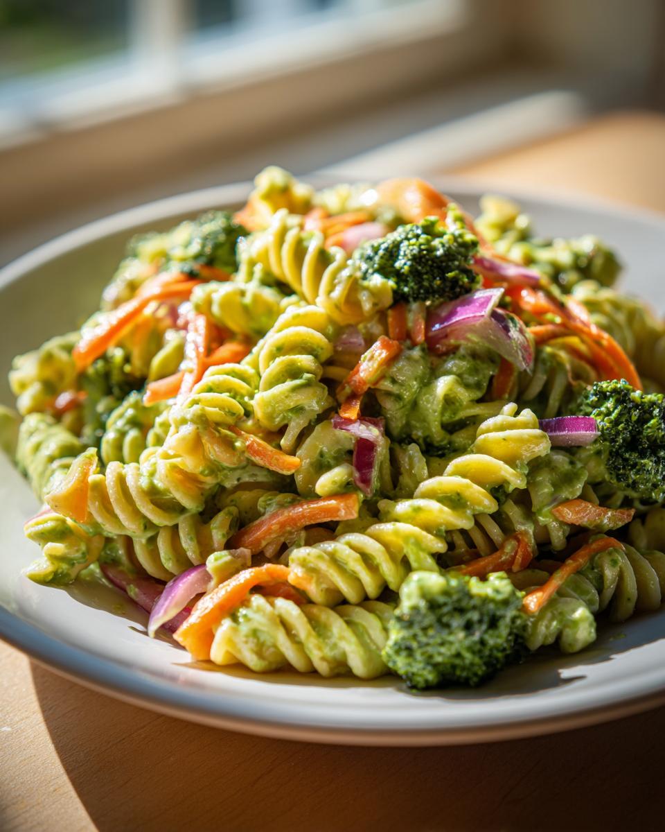 Close-up of a serving of california pasta salad featuring rotini pasta, broccoli florets, shredded carrots, and red onion.