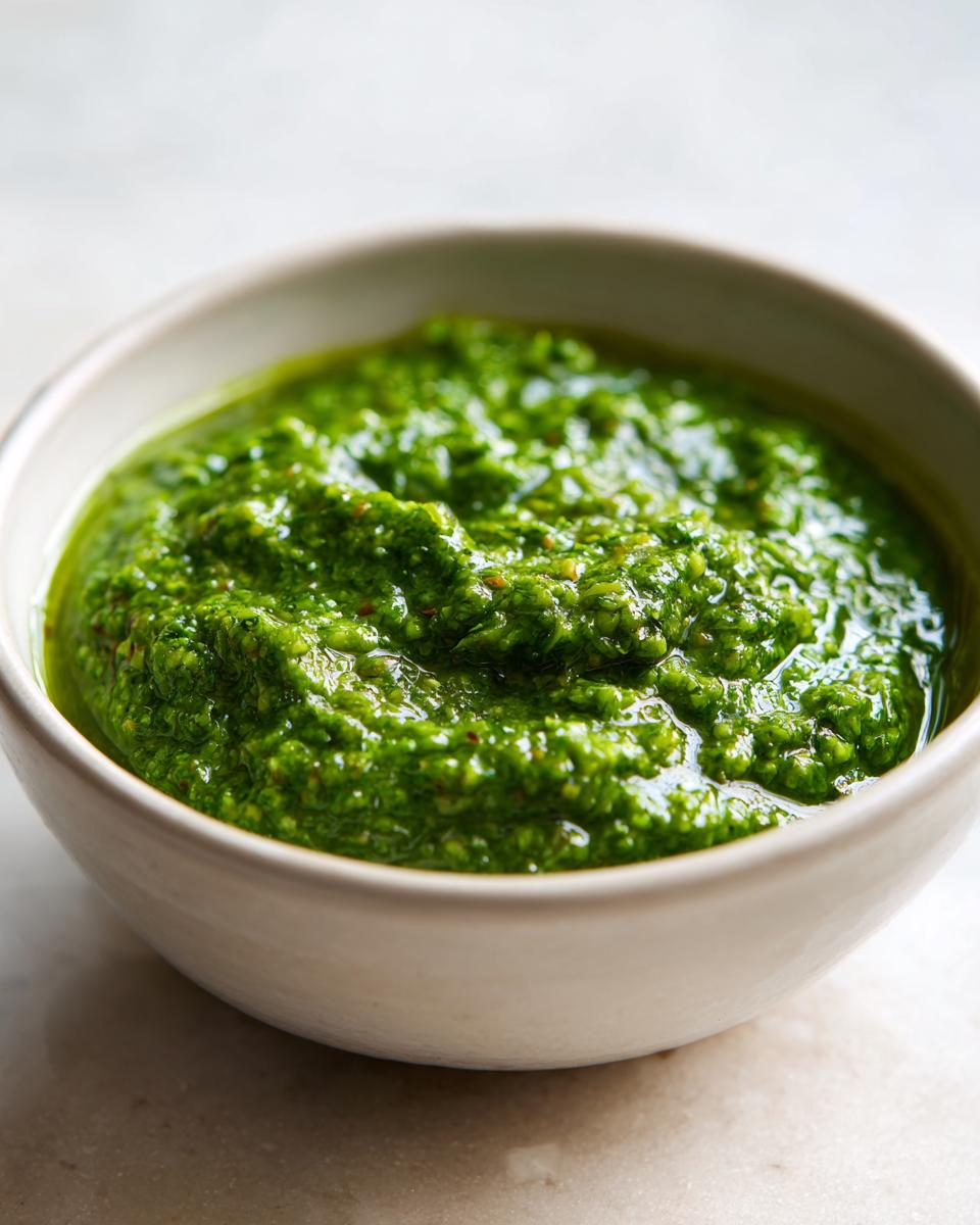 Close-up of vibrant, thick green enchilada sauce with visible texture, served in a small white bowl.