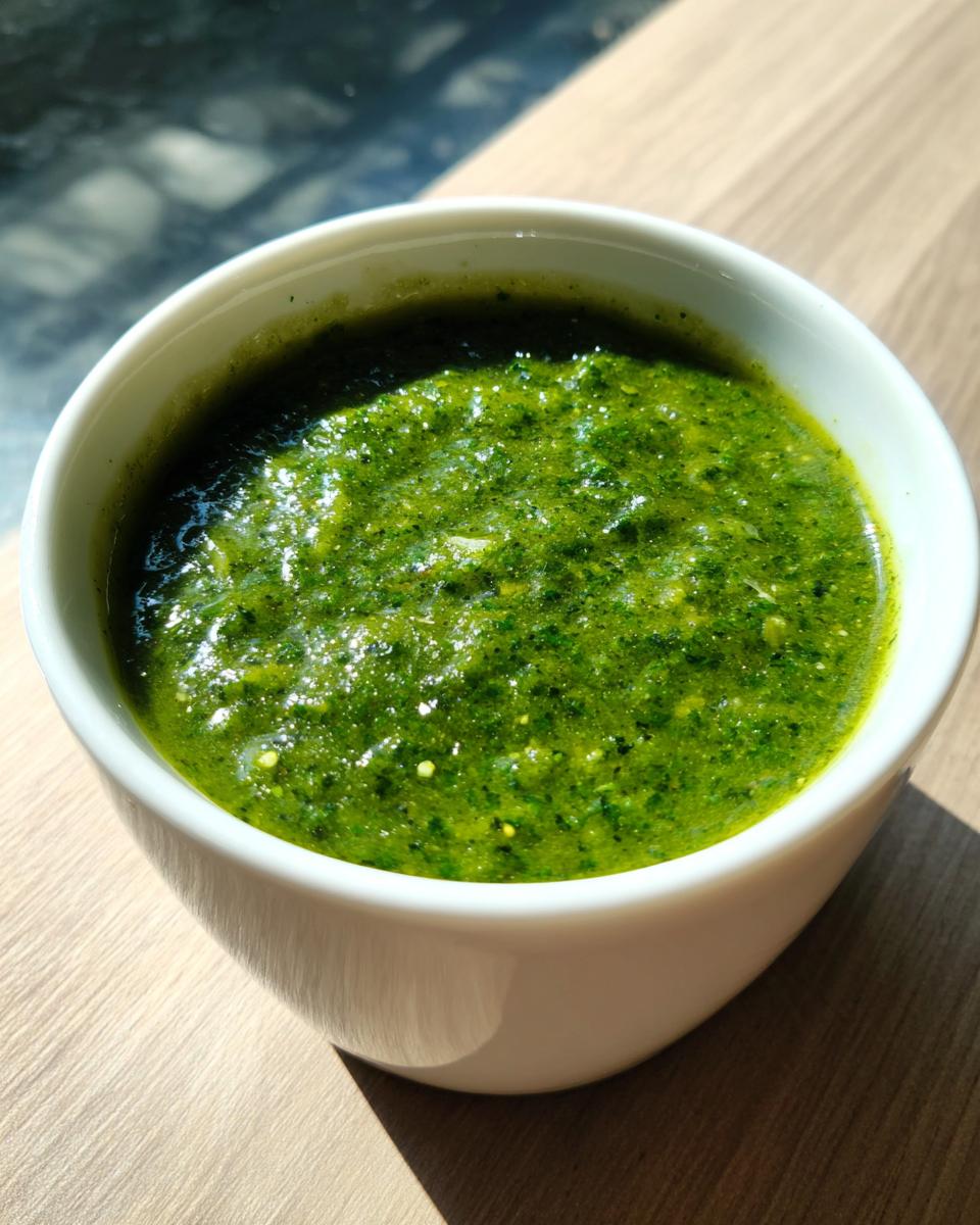 A close-up of thick, vibrant green enchilada sauce in a small white bowl, sitting on a wooden surface.