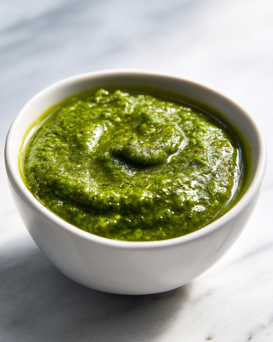 Close-up of vibrant, thick green enchilada sauce in a small white bowl on a marble surface.