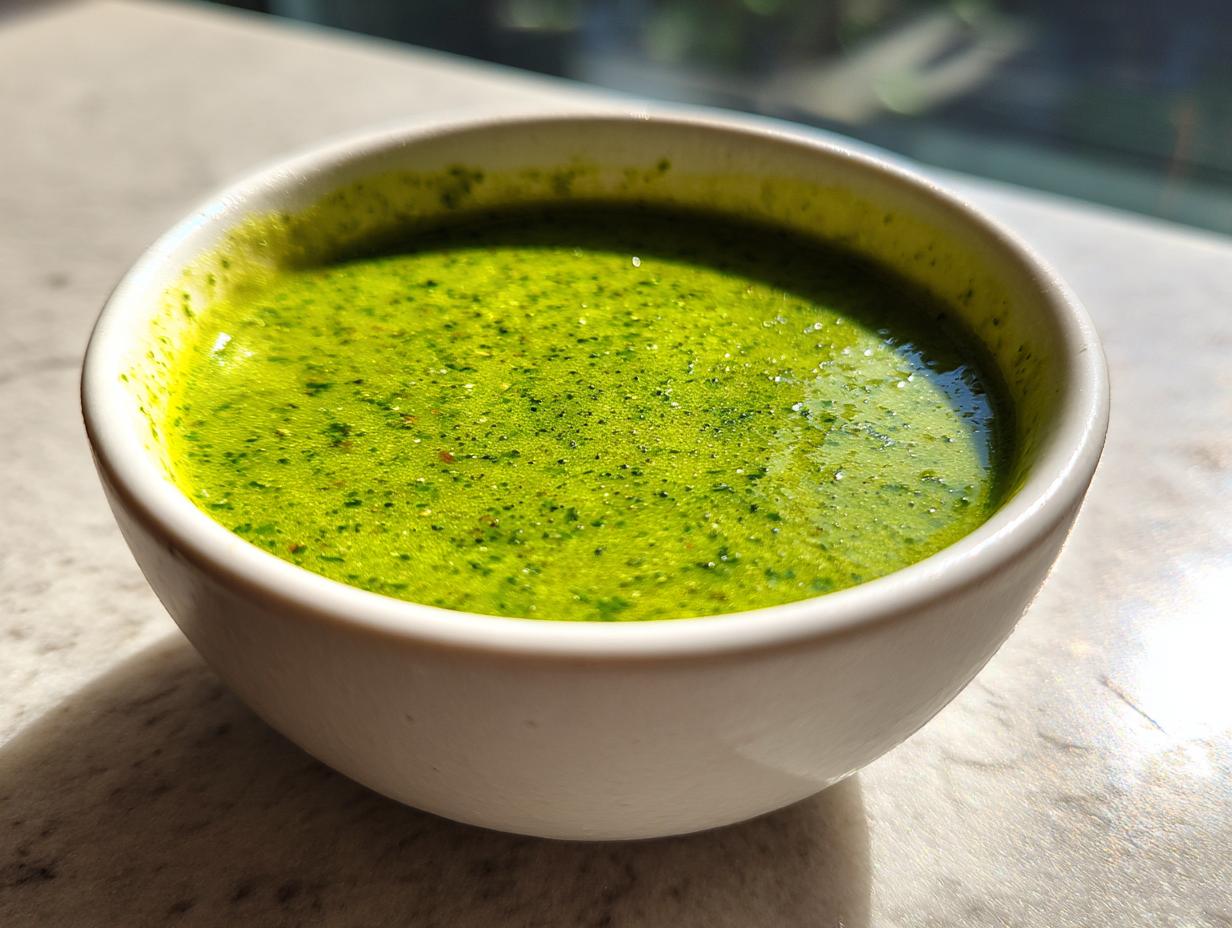 Close-up of vibrant green enchilada sauce, slightly textured, served in a small white bowl.
