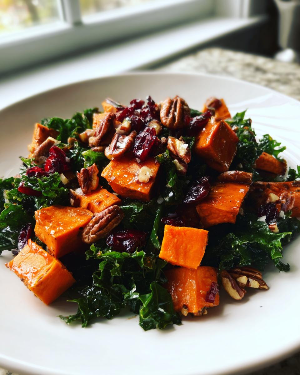A close-up of a vibrant healthy fall salad featuring roasted sweet potatoes, kale, pecans, and dried cranberries.
