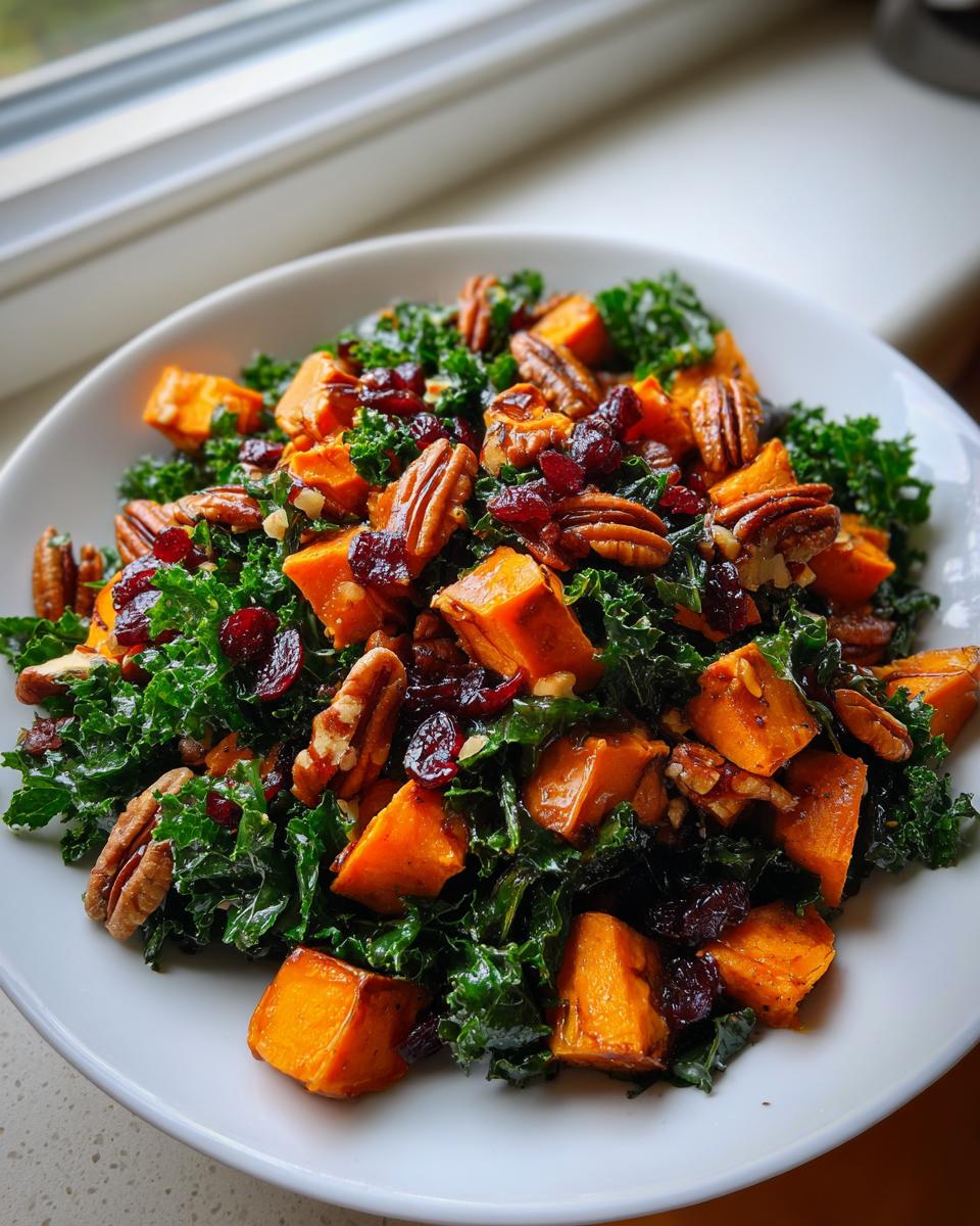 A close-up of a vibrant healthy fall salad featuring roasted sweet potatoes, kale, pecans, and dried cranberries.