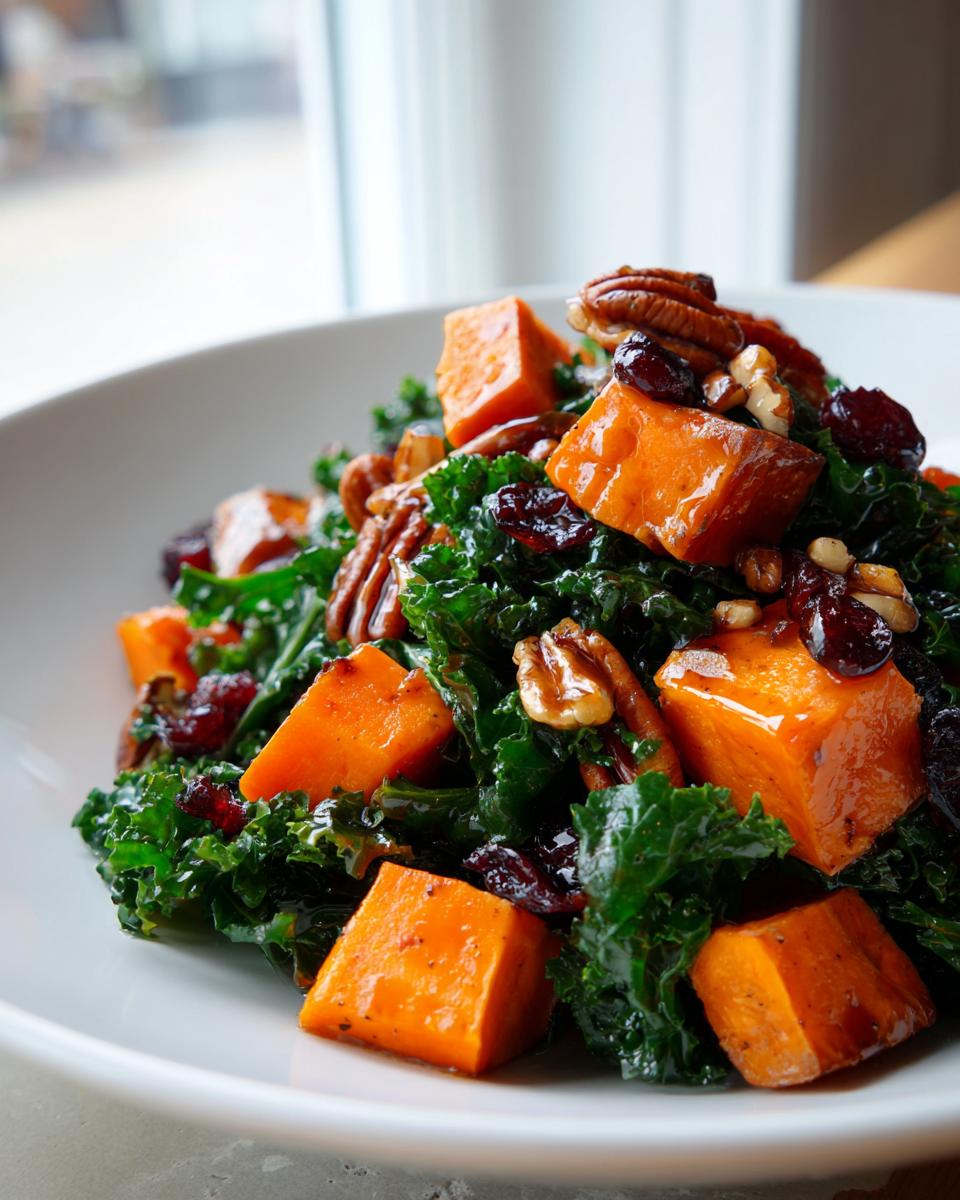 Close-up of a healthy fall salad featuring bright orange roasted sweet potato cubes, dark green kale, pecans, and dried cranberries.