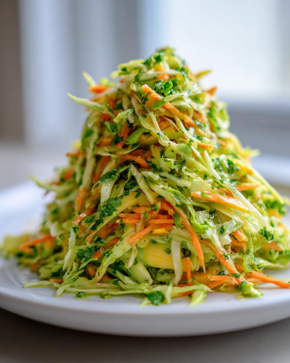 A tall, vibrant mound of freshly prepared mango slaw featuring shredded cabbage, carrots, and herbs, served on a white plate.