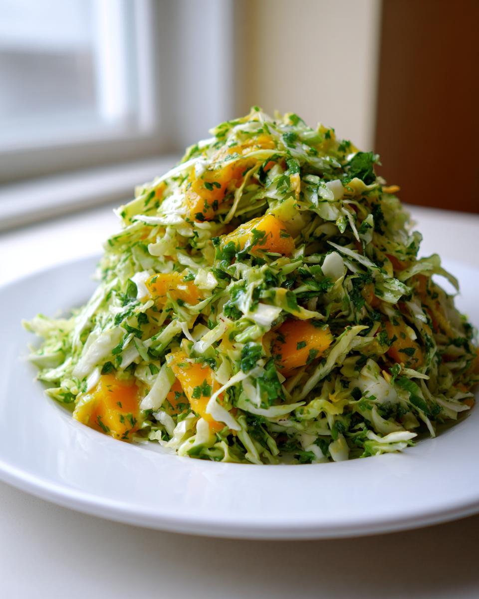 A tall mound of fresh mango slaw featuring shredded cabbage, bright orange mango chunks, and green herbs on a white plate.