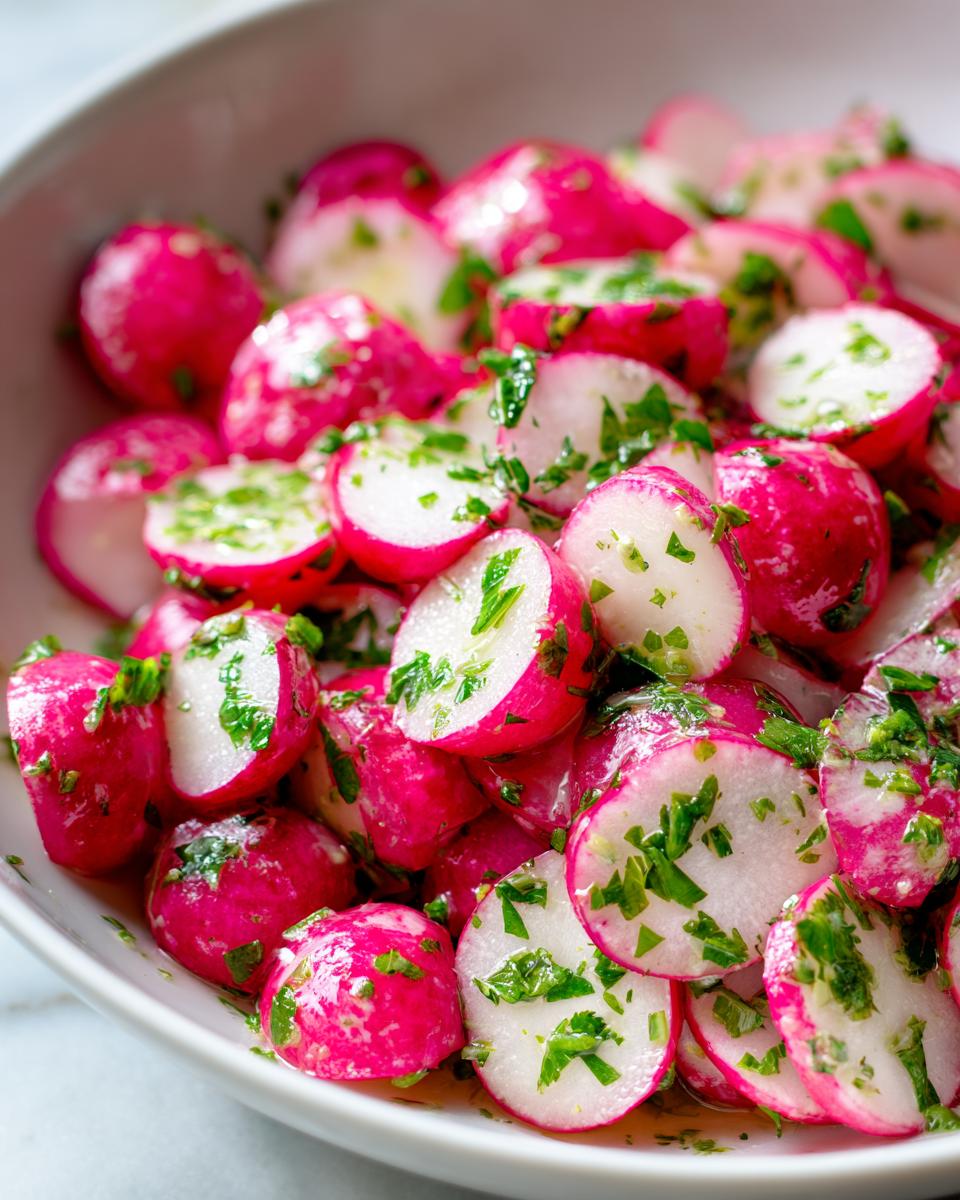 Close-up of sliced radishes tossed in a dressing and topped with fresh green herbs for a vibrant radish salad.