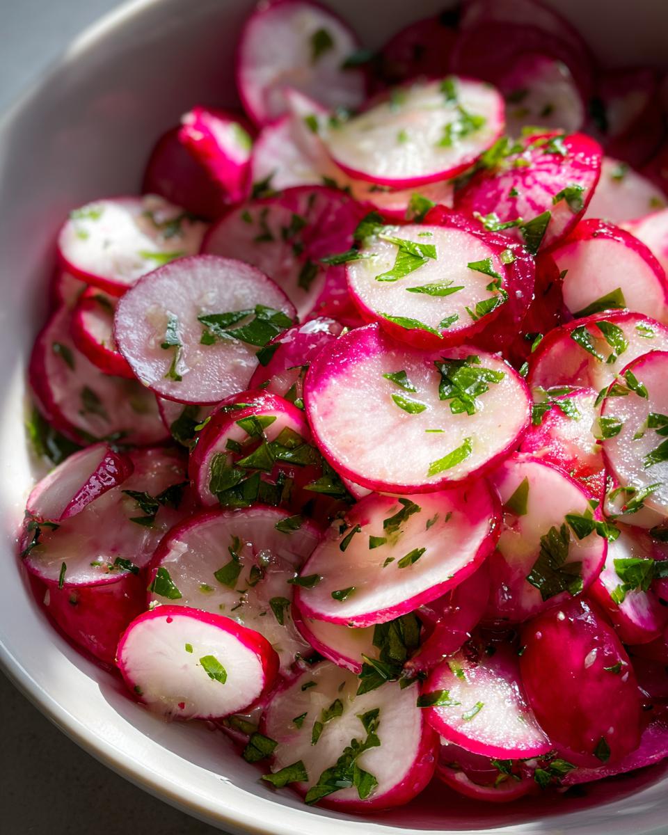 Close-up of thinly sliced radishes, showing bright pink edges and white centers, tossed in a light dressing and fresh parsley for a quick radish salad.