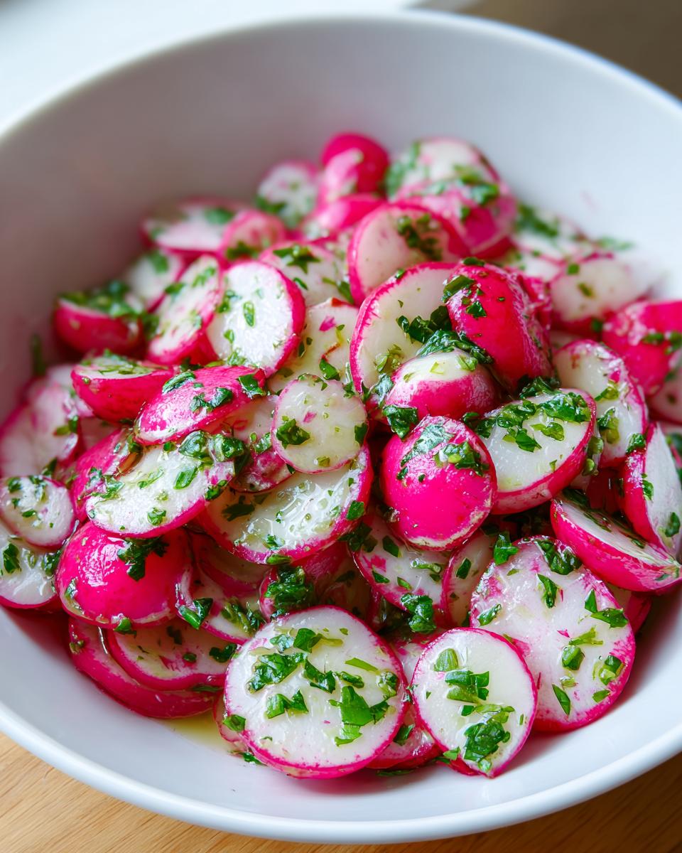 Close-up of thinly sliced, bright pink and white radish salad tossed with fresh green herbs and dressing.