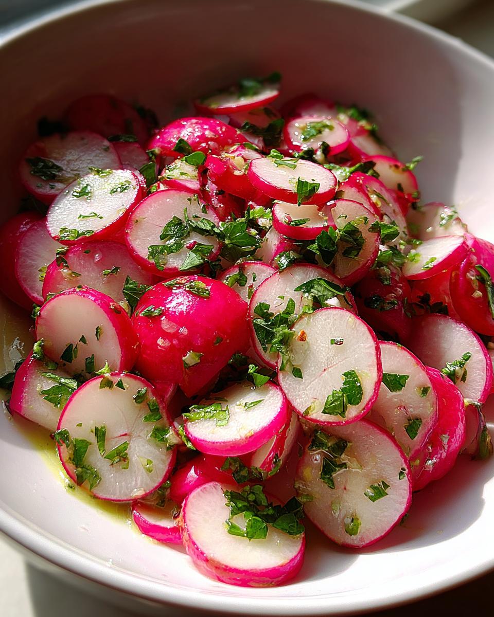Close-up of bright pink and white sliced radish salad tossed with fresh green herbs and light dressing.