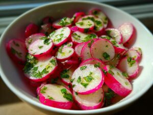 Close-up of thinly sliced radishes with bright pink edges and white centers, tossed in a light dressing with chopped green herbs, making a fresh radish salad.