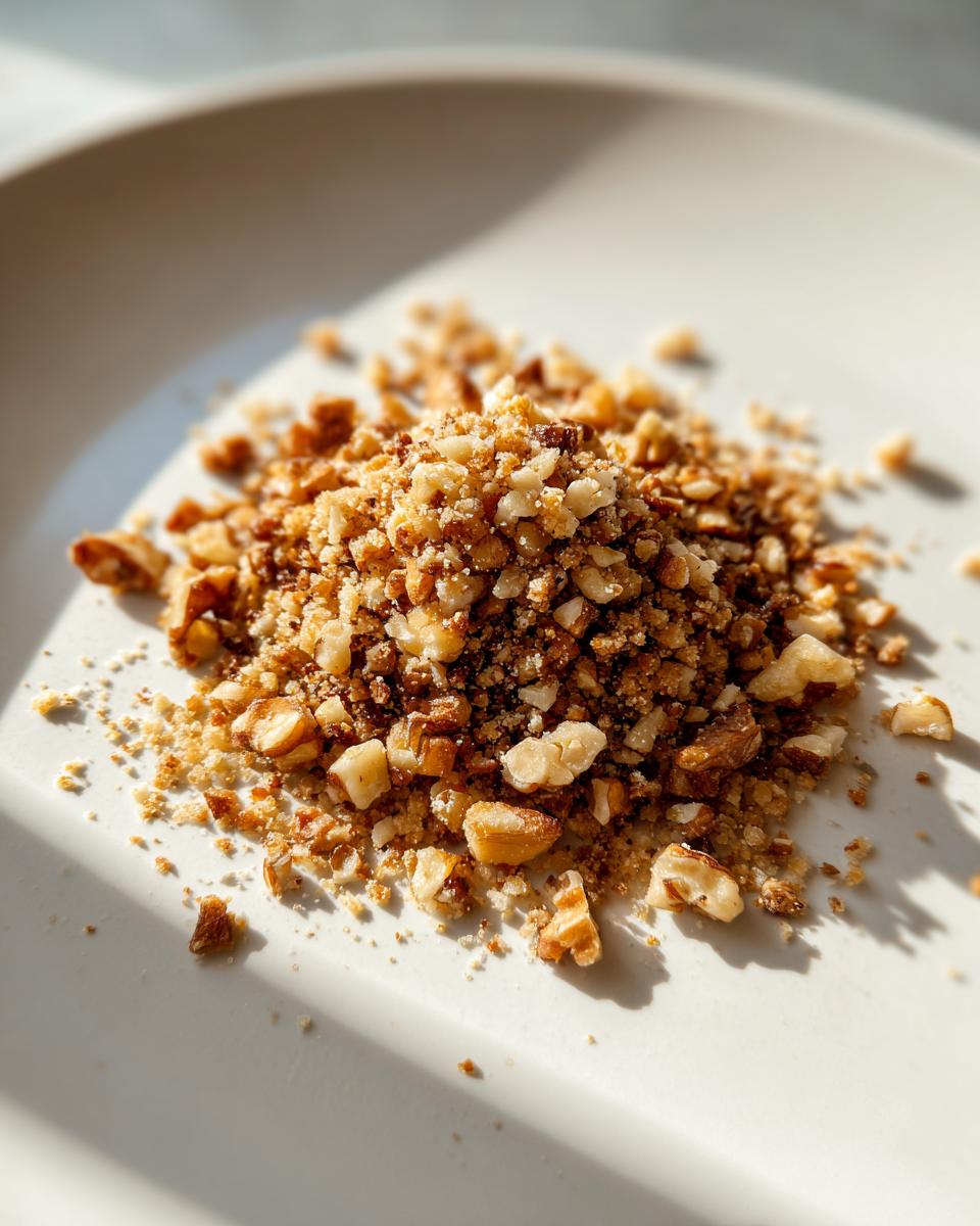 A small mound of golden brown walnut parm crumble, featuring chopped walnuts and fine crumbs, resting on a white plate.