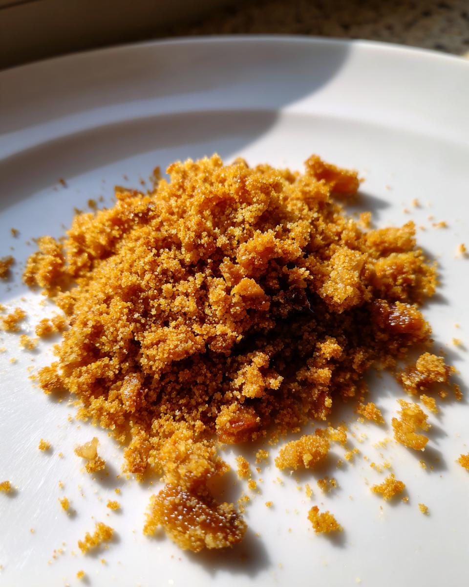 Close-up of a small pile of golden brown walnut parm crumble mixture on a white plate.