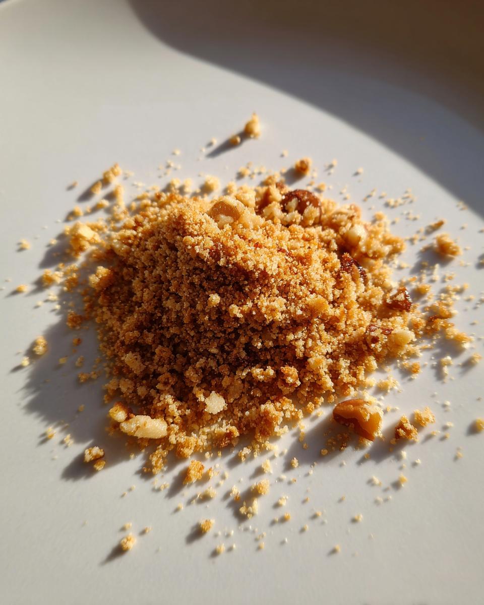 A small pile of golden brown walnut parm crumble topping scattered on a white plate under bright light.