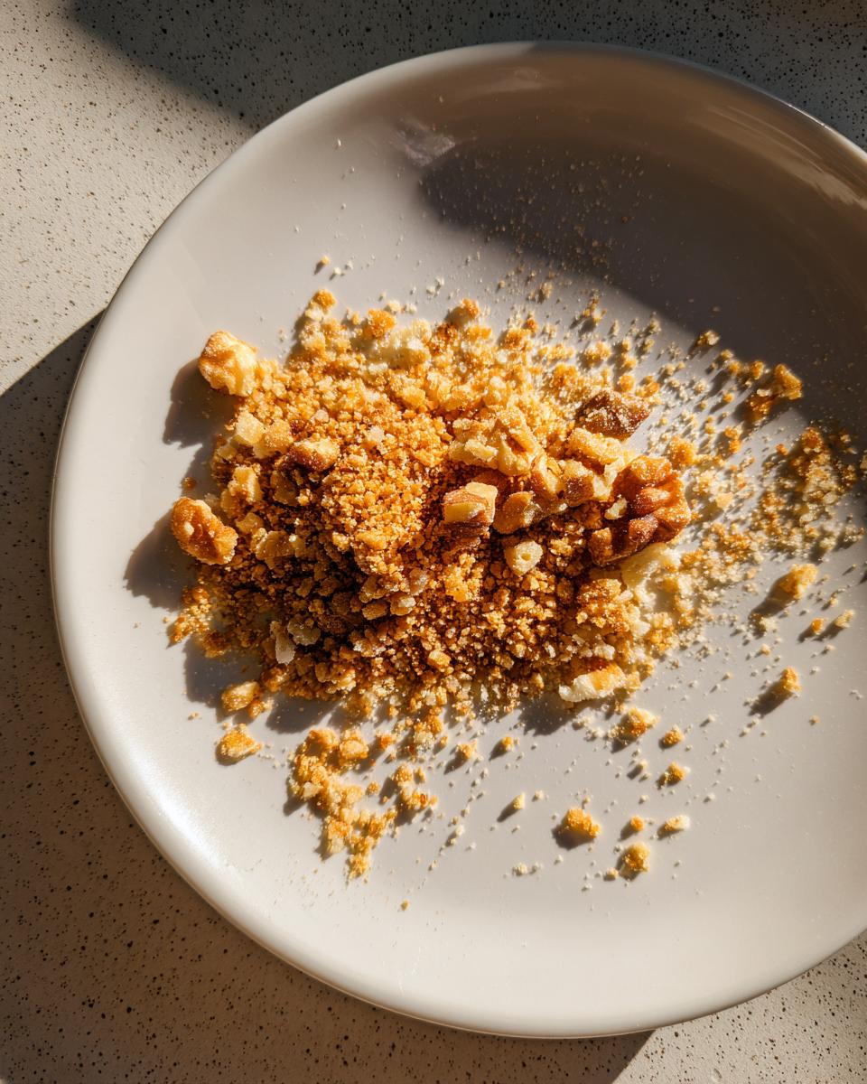 Close-up of golden, textured walnut parm crumble scattered on a light plate under harsh sunlight.
