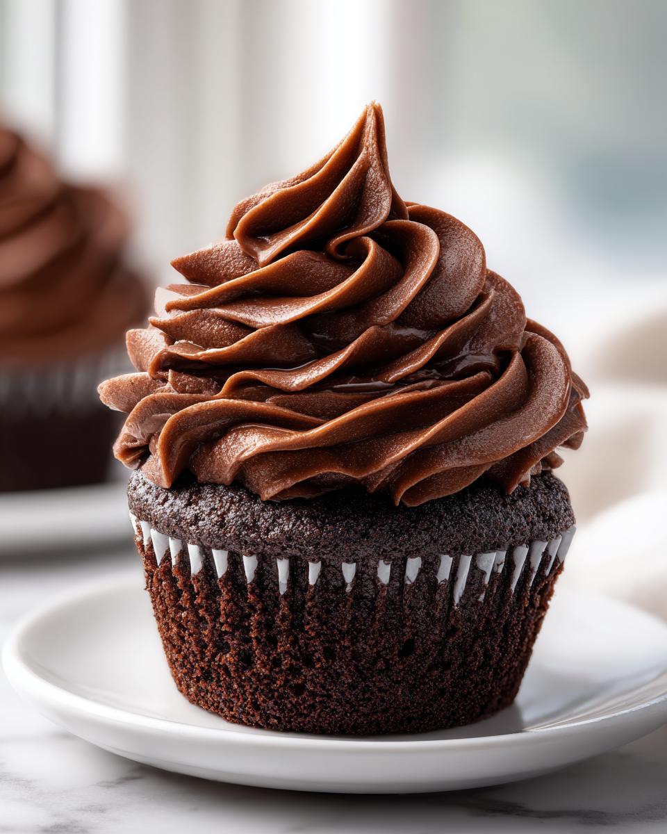 A close-up of a single, rich chocolate cupcake topped with perfectly piped whipped chocolate ganache.
