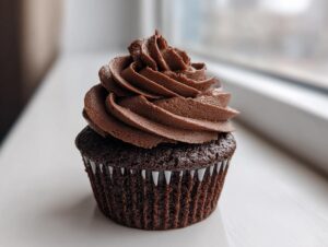 A single, rich chocolate cupcake topped with a tall swirl of whipped chocolate ganache frosting, sitting on a white surface.