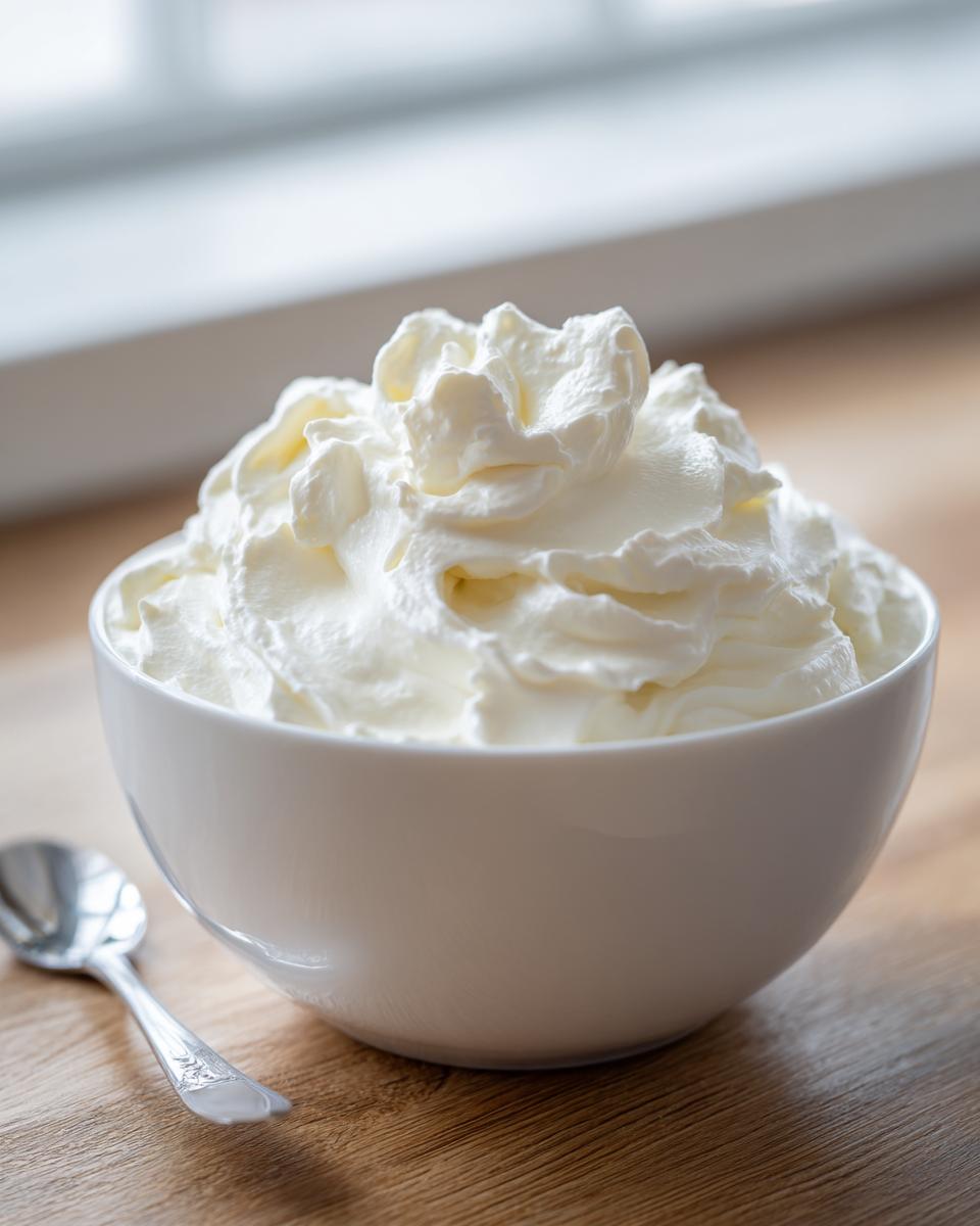 A white bowl filled with fluffy, freshly whipped cream, a key component for an easy fruit dip.