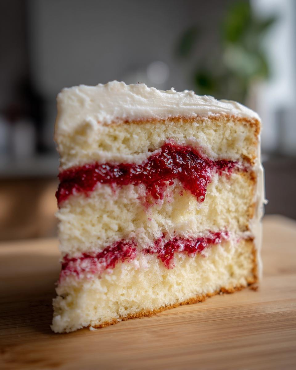 Close-up of a slice of white chocolate raspberry layer cake showing three layers of white cake, raspberry filling, and white frosting.