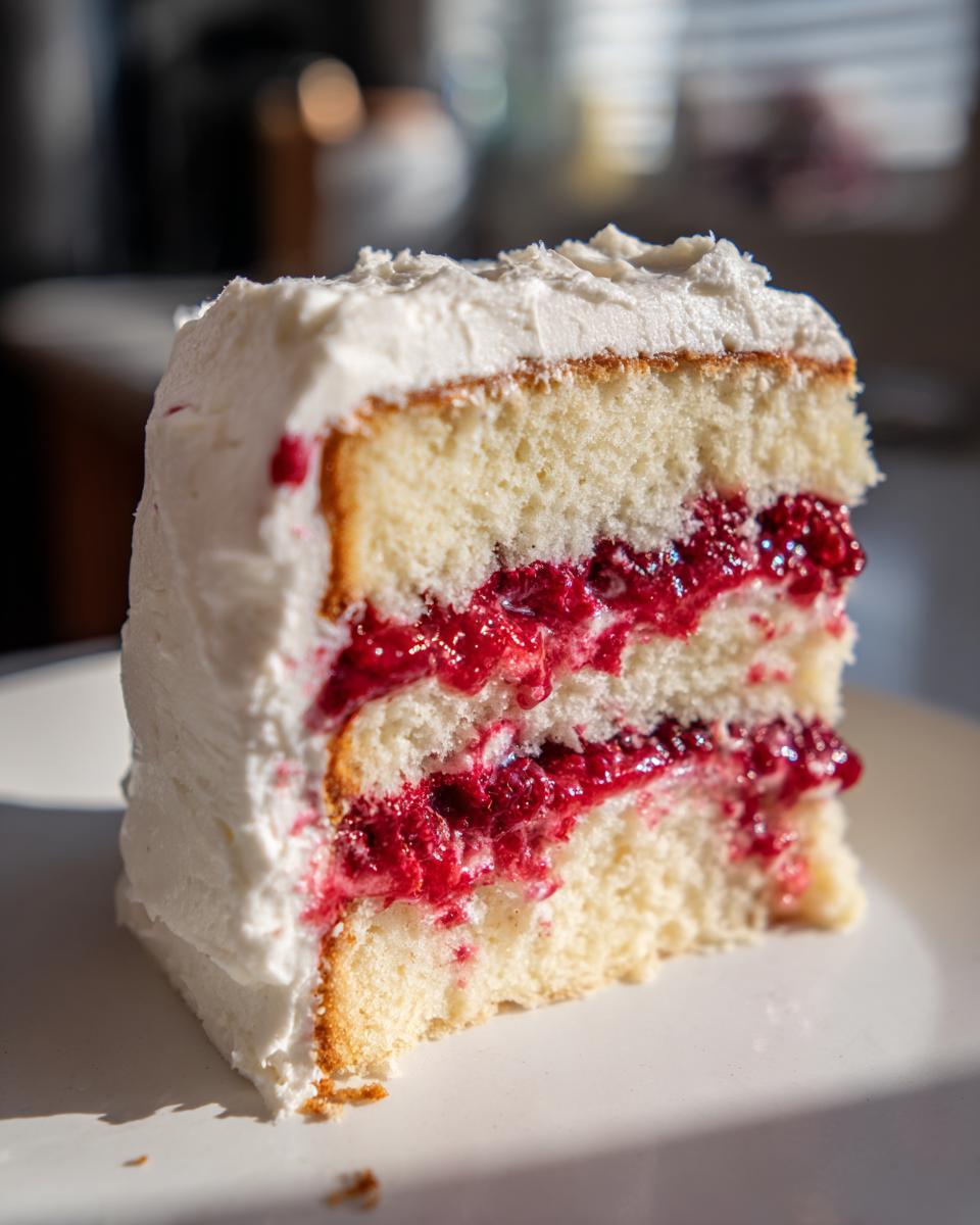 Close-up of a moist slice of white chocolate raspberry layer cake showing three layers of cake and two layers of bright red raspberry filling.