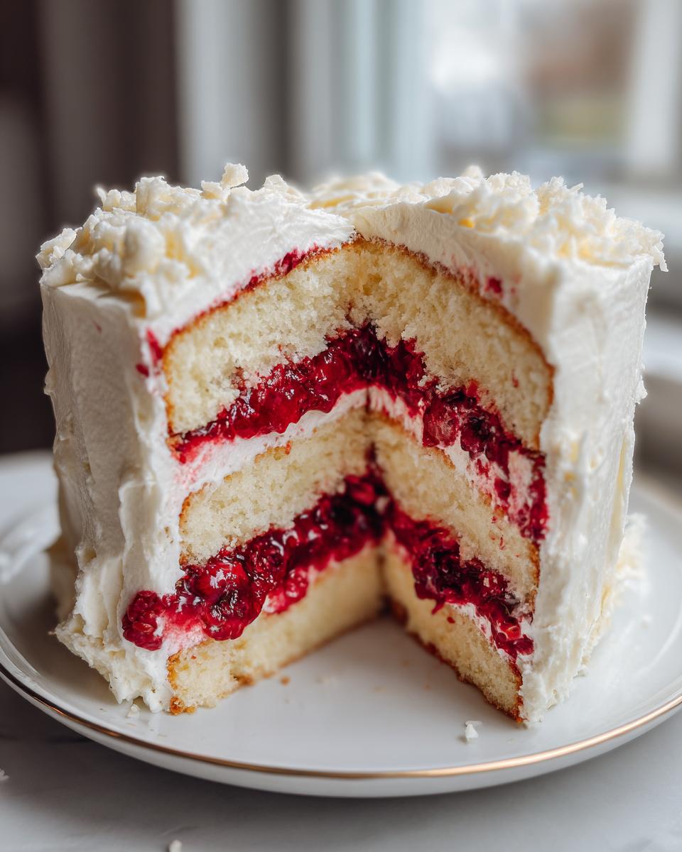 Cross-section view of a three-layer white chocolate raspberry layer cake showing white cake, raspberry filling, and white frosting.