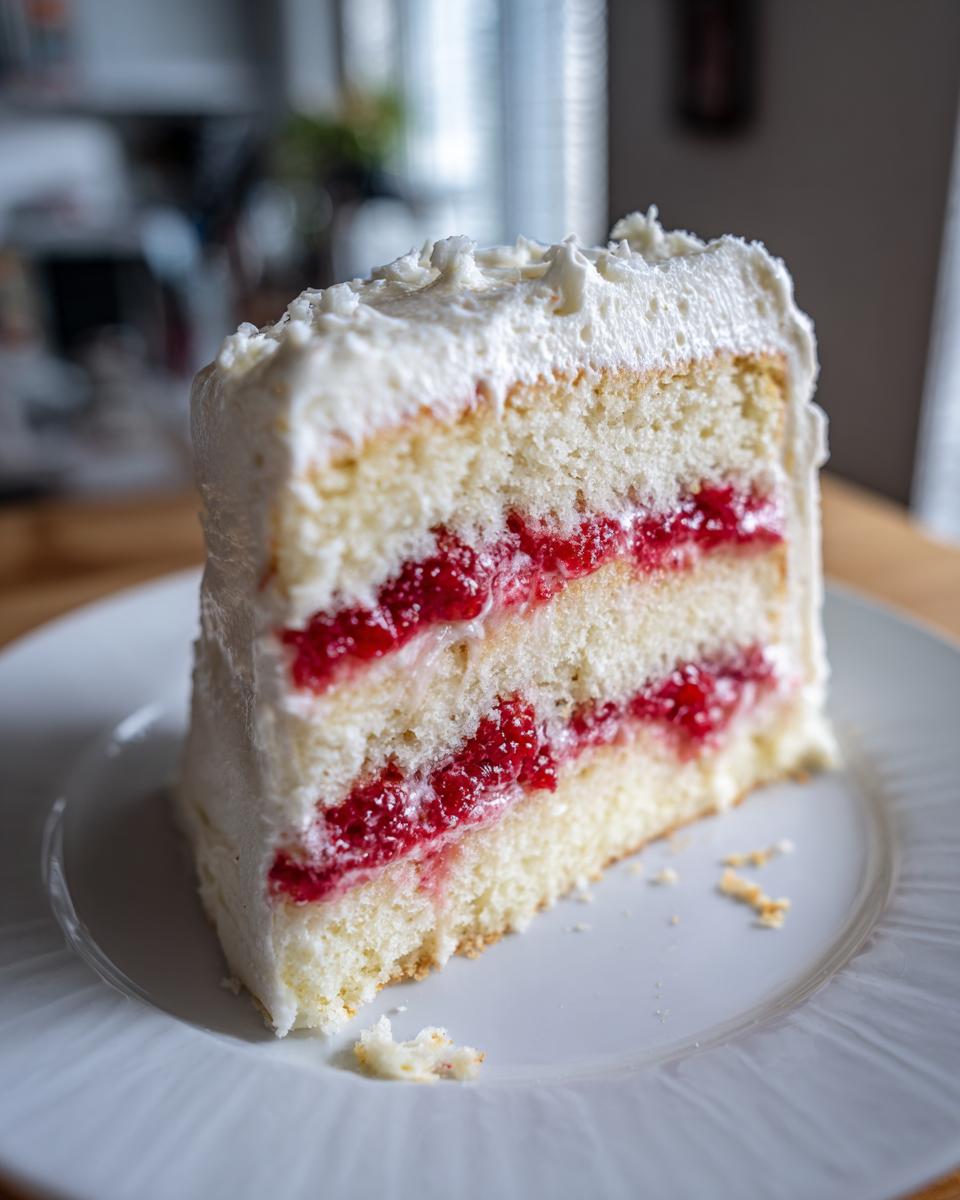 Close-up of a slice of white chocolate raspberry layer cake showing three layers of white cake, raspberry filling, and white frosting.