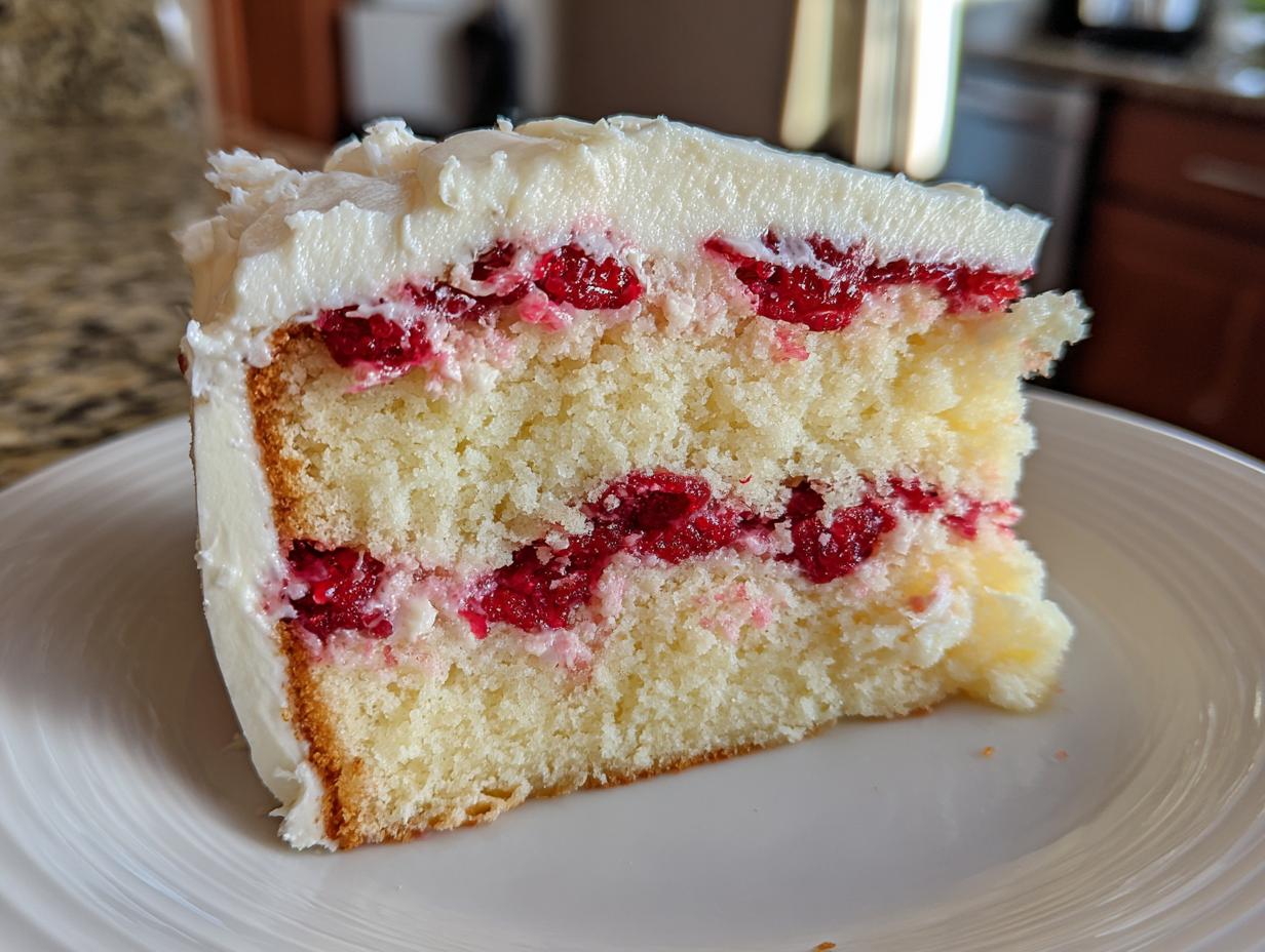 A close-up slice of white chocolate raspberry layer cake showing three layers of moist cake, raspberry filling, and white frosting.