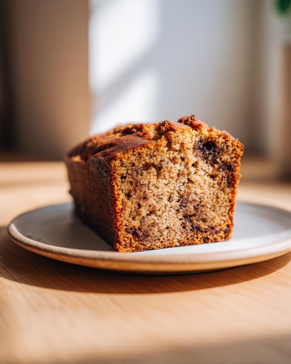 A close-up of a moist slice of the world’s best banana bread with visible chocolate chunks, resting on a small plate.