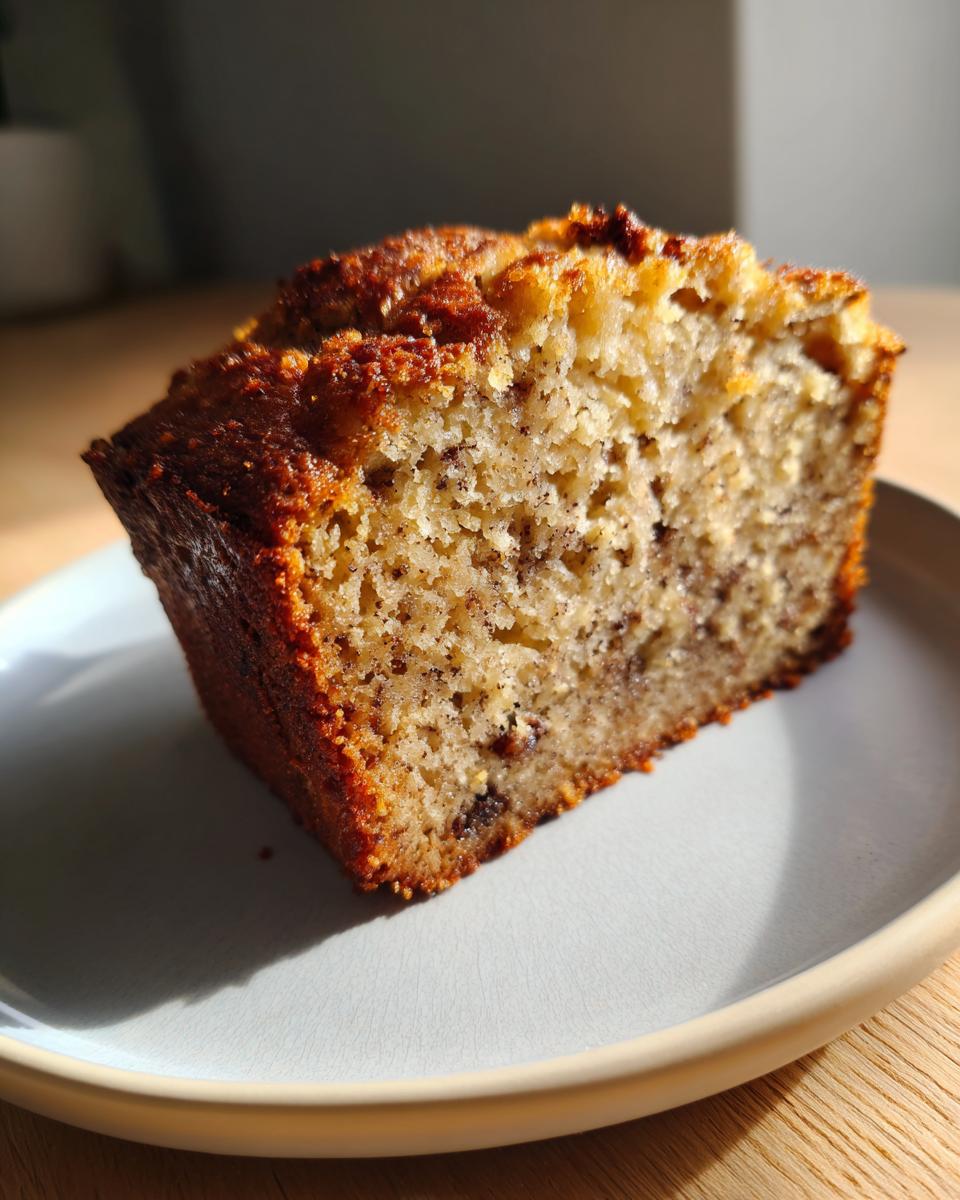 A close-up slice of the world’s best banana bread showing a moist crumb and dark brown crust.