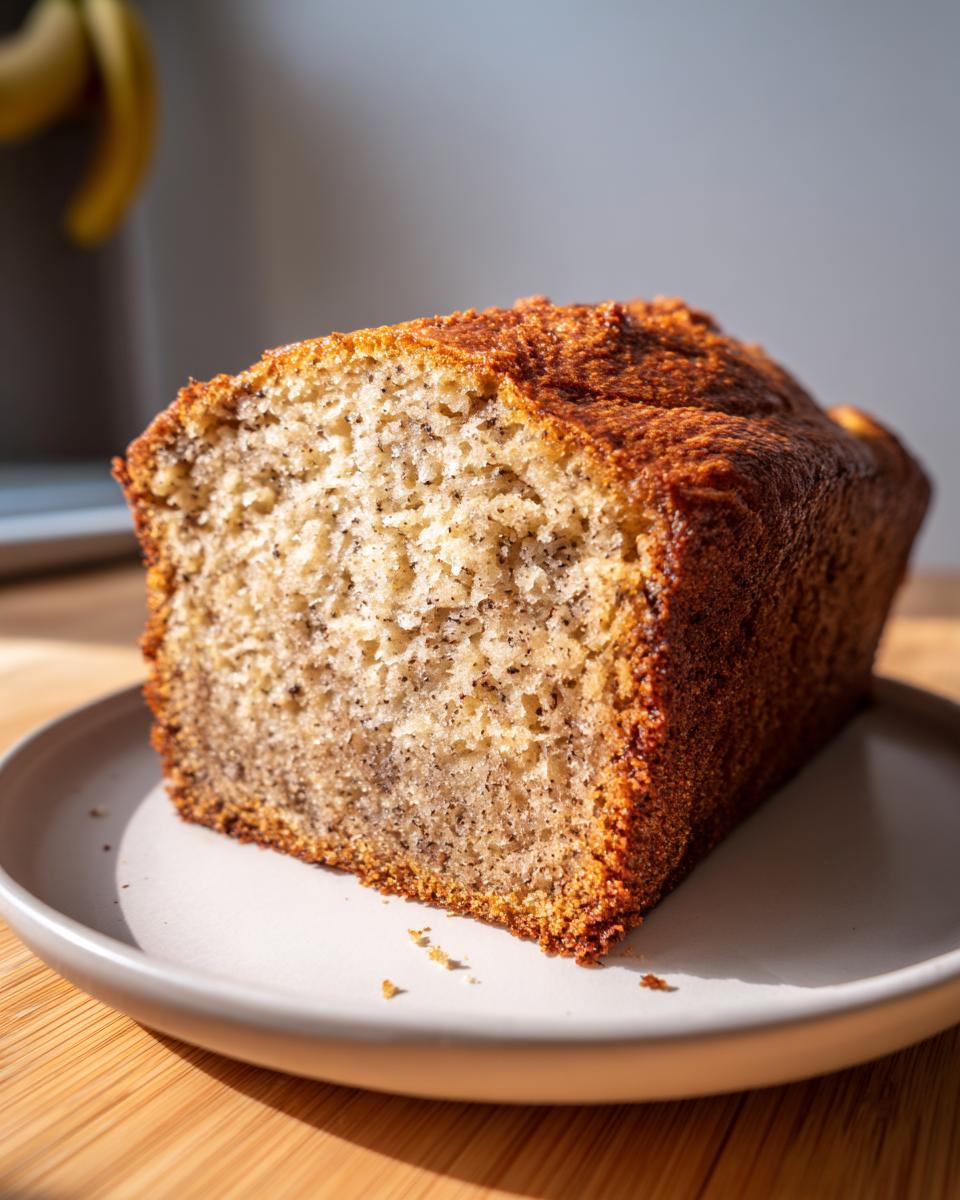 Close-up of a thick slice of the world’s best banana bread showing a moist interior and a deeply browned, crusty exterior.