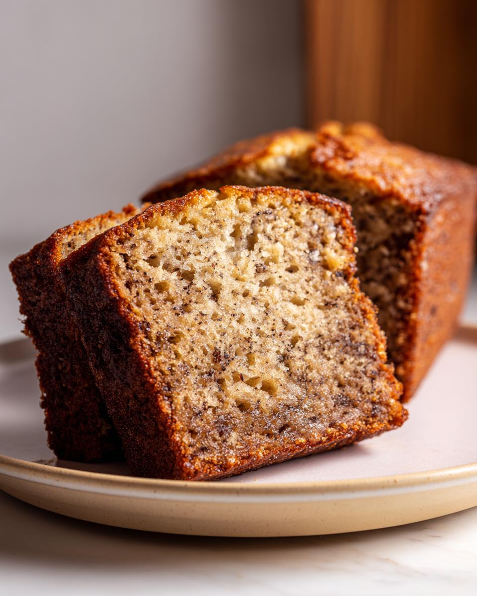 Two thick slices of moist, dark-crusted world’s best banana bread showing the speckled interior texture.