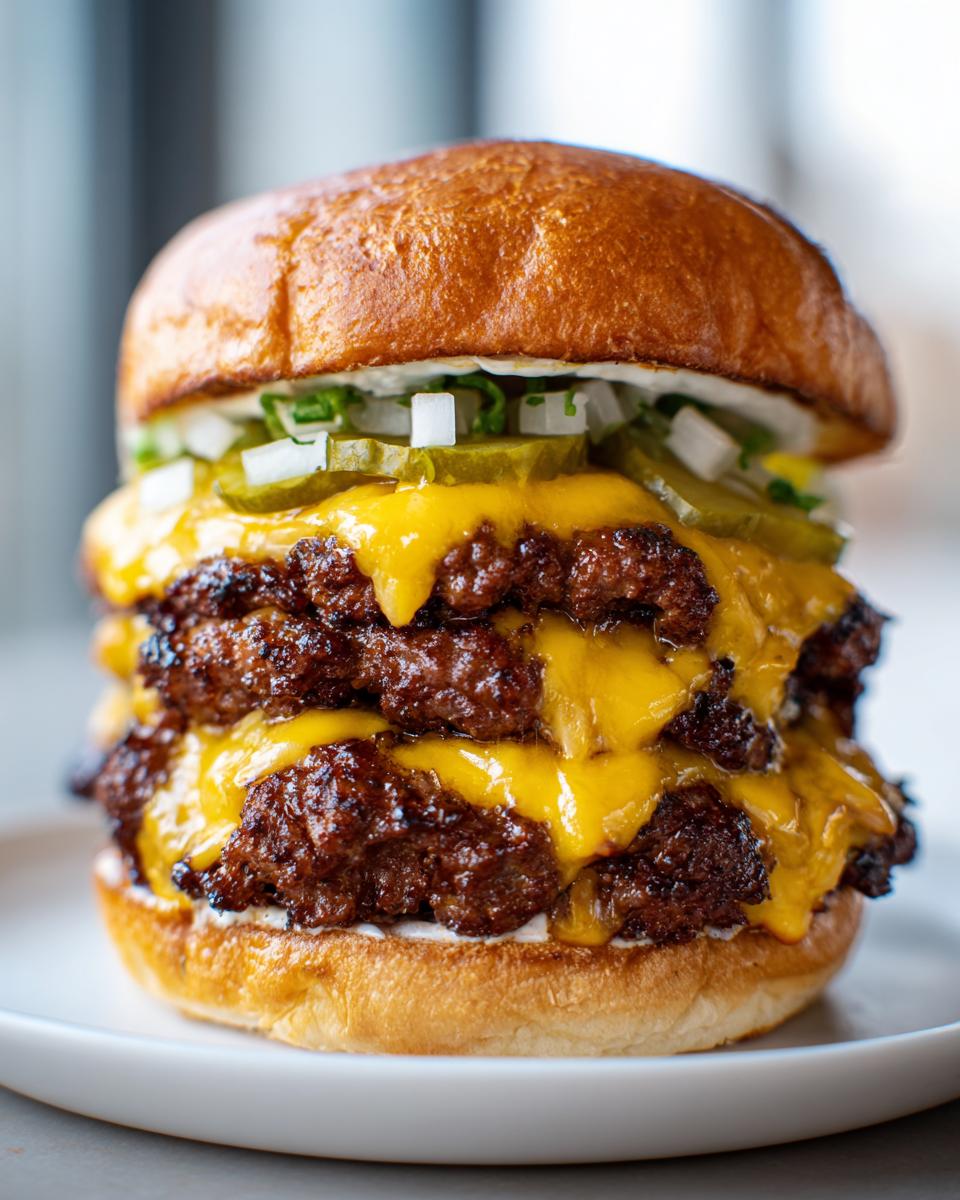 A towering, juicy double cheeseburger featuring two smashed patties, melted American cheese, pickles, and onions on a brioche bun.