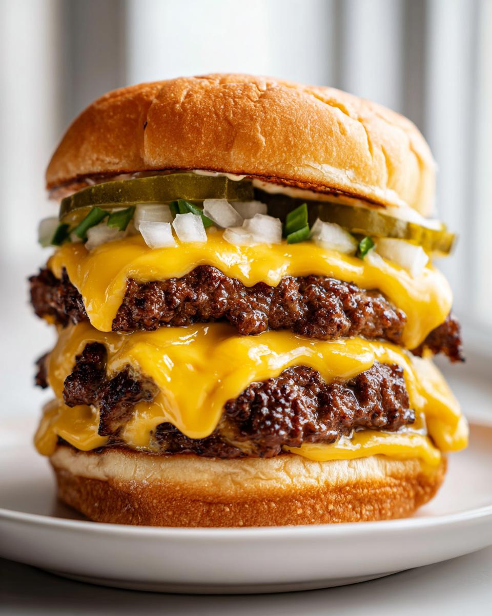 A tall, juicy double cheeseburger featuring two smashed patties, melted American cheese, pickles, and diced onions on a toasted bun.