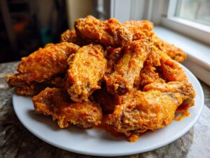 A large pile of crispy, saucy orange Air fryer chicken wings stacked high on a white plate near a window.