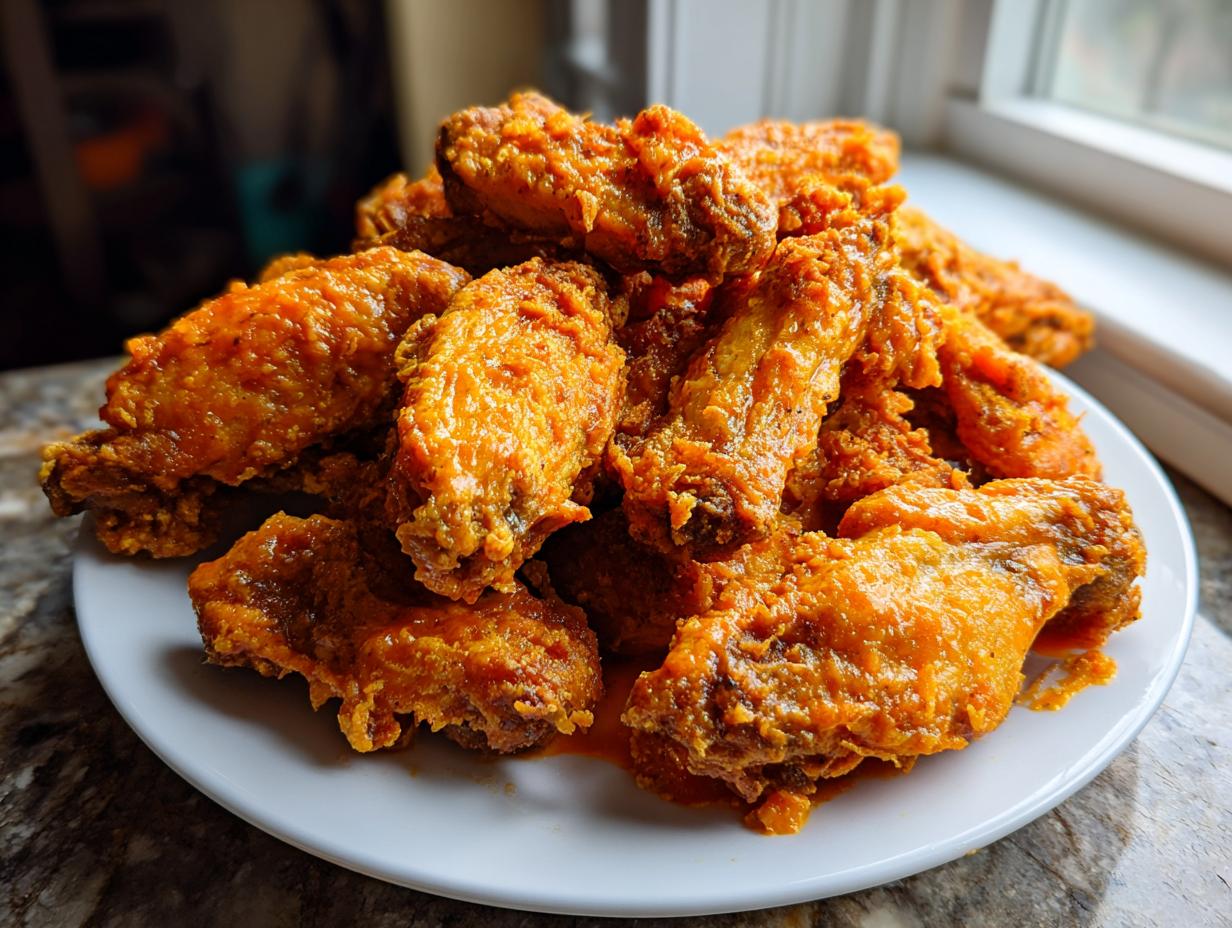 A large pile of crispy, saucy orange Air fryer chicken wings stacked high on a white plate near a window.