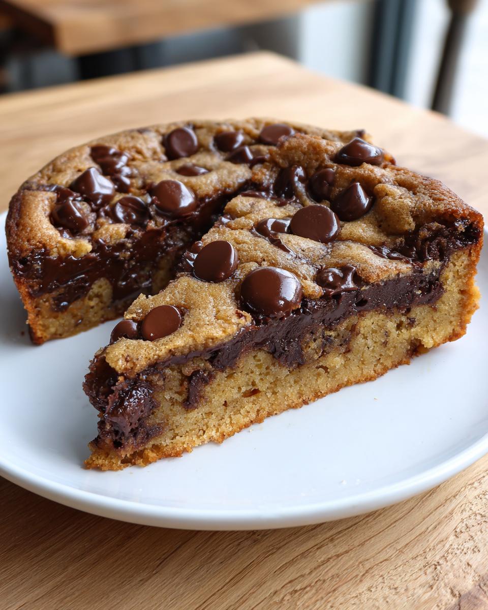 A slice cut from a rich Chocolate chip cookie cake showing a thick, gooey chocolate layer inside.