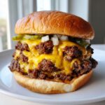 Close-up of an amazing 2-patty double cheeseburger with melted American cheese, pickles, and diced onions on a toasted bun.