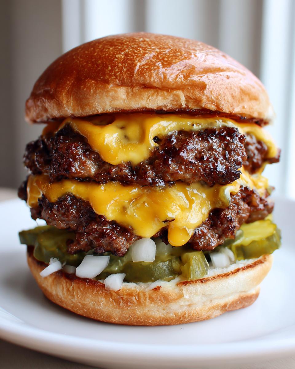 A tall, juicy double cheeseburger featuring two smashed patties, melted American cheese, pickles, and diced onions on a brioche bun.