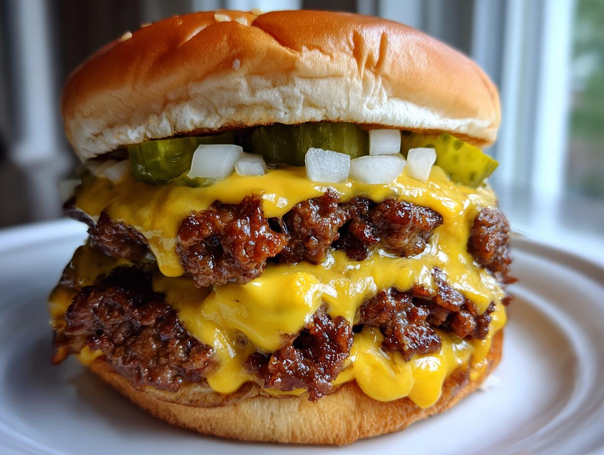 Close-up of a delicious double cheeseburger featuring two smashed patties, melted American cheese, pickles, and diced onions on a sesame seed bun.