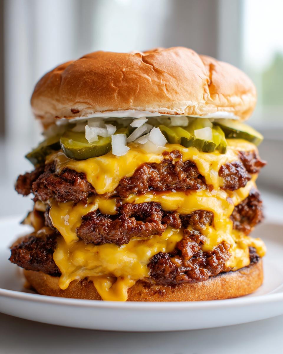 A tall, stacked double cheeseburger featuring four smashed patties, dripping with melted cheese, pickles, and onions on a soft bun.