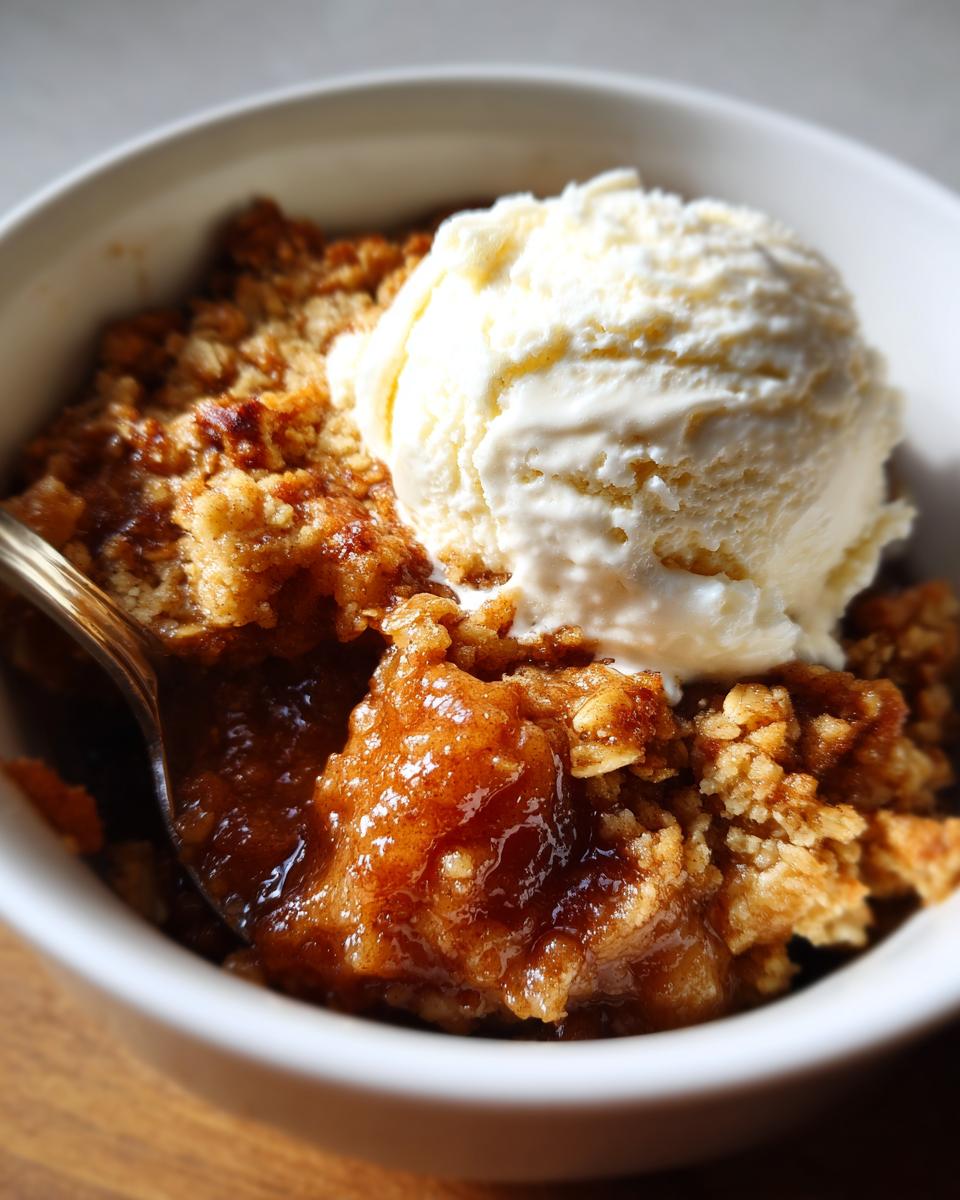 Close-up of a warm serving of Apple cinnamon crumble topped with a scoop of vanilla ice cream, with a spoon digging in.
