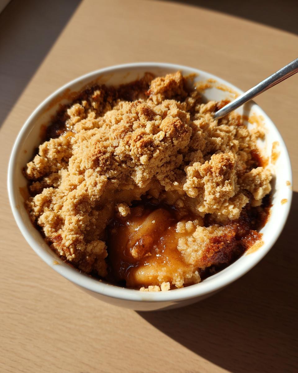Close-up of a single serving of warm apple cinnamon crumble with a gooey filling and crunchy topping.