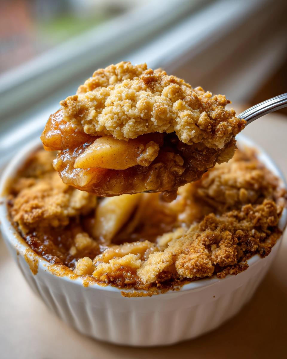 A spoonful of warm Apple cinnamon crumble showing gooey apples and crunchy topping being lifted from a white ramekin.