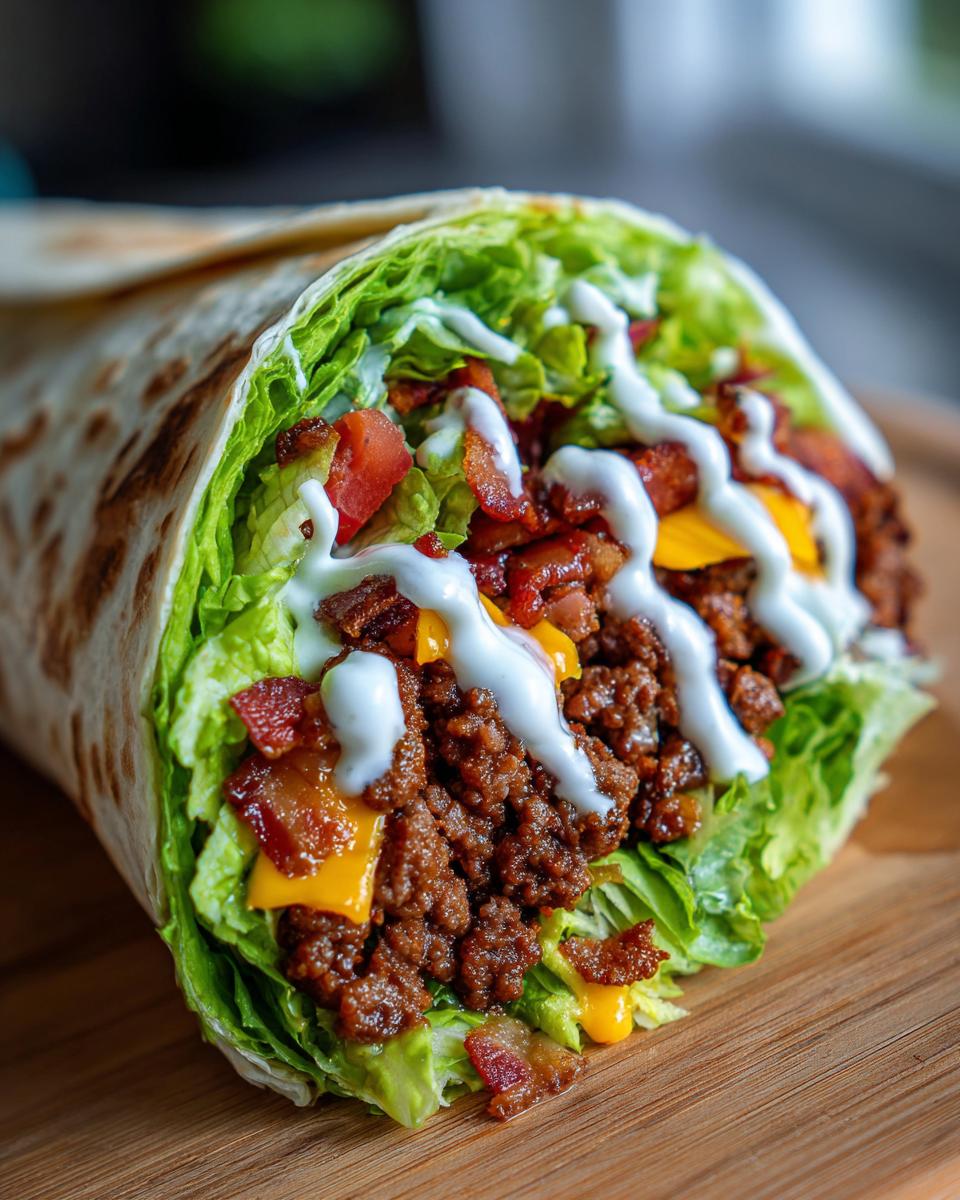 A close-up of a fully loaded Bacon Cheeseburger Wrap spilling out with ground beef, lettuce, cheese, bacon, and white sauce.