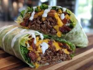 A cross-section view of a low-carb bacon cheeseburger wrap, featuring seasoned ground beef, melted cheddar, bacon, and a white sauce drizzle.
