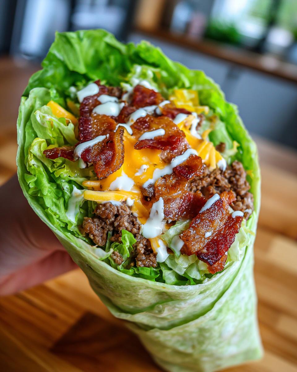 A hand holding a tightly wrapped Bacon cheeseburger wrap made with lettuce, filled with ground beef, cheese, bacon, and drizzled with white sauce.